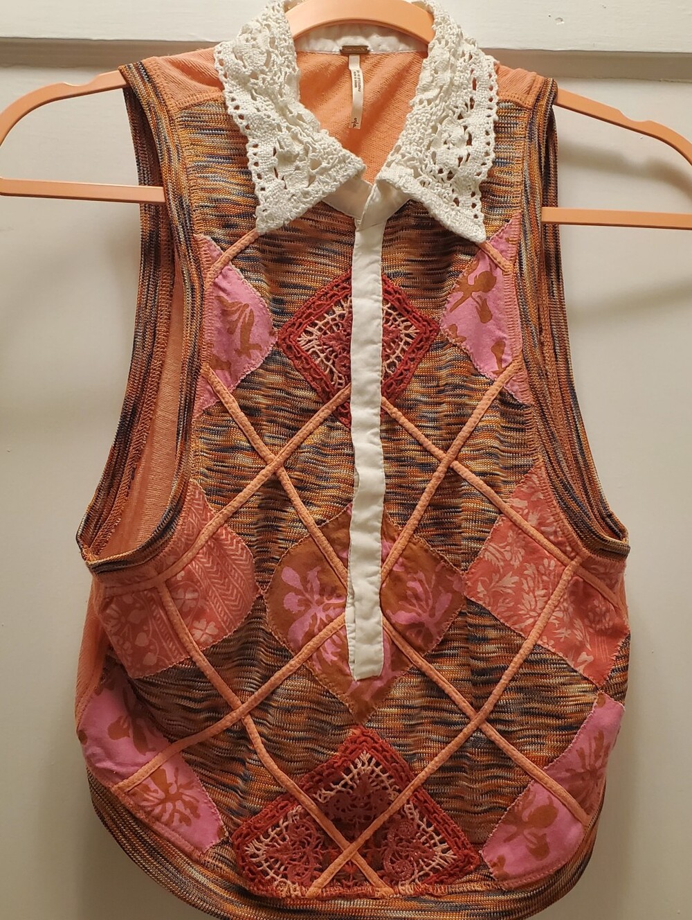 Free People  Size Small Crochet-Collar Patchwork Knit Tank in Peach & Pink